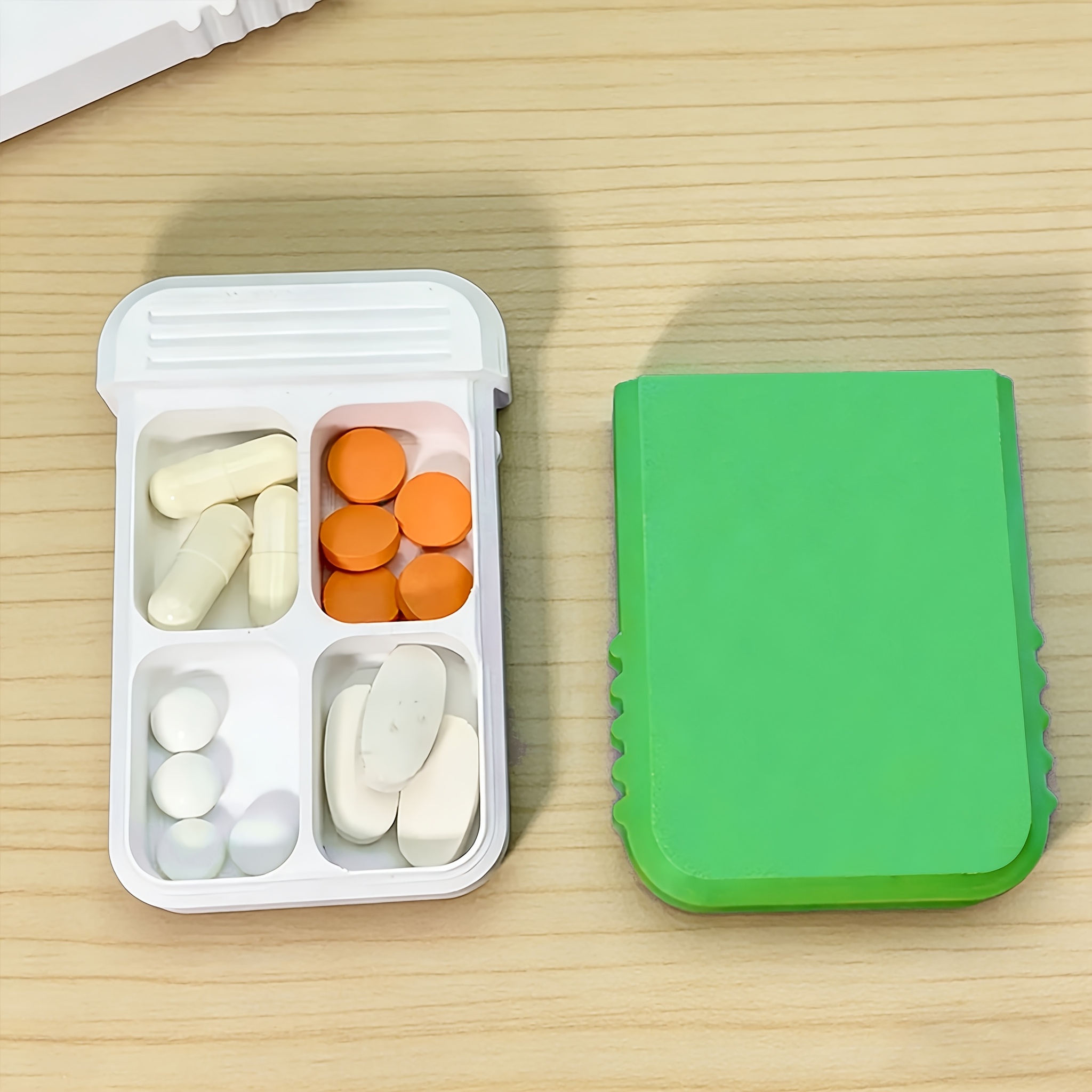 Compact Four-compartment Pill Organizer - Large Capacity, Lid, Portable, Small And Sleek