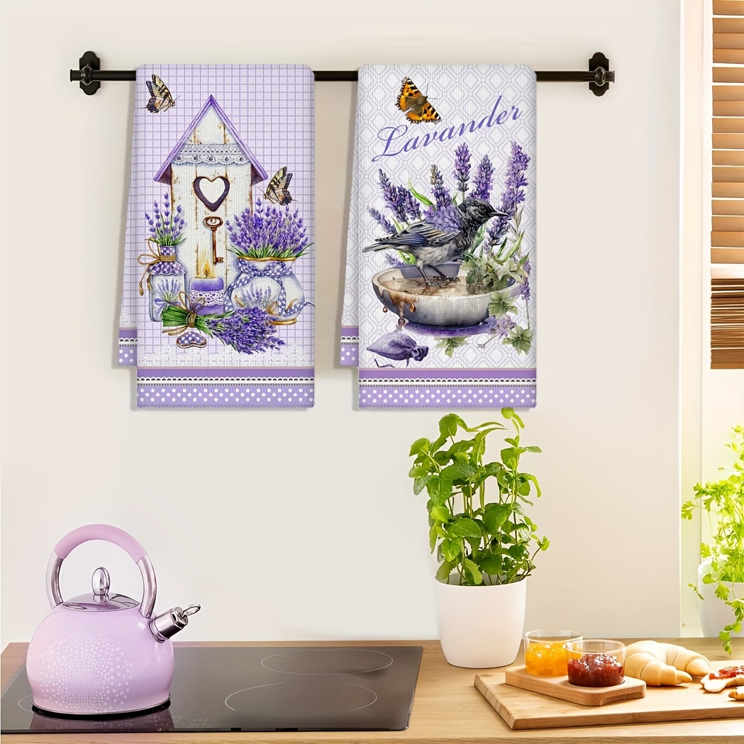 

Lavender Bliss 2-piece Kitchen Towel Set - Ultra-soft Microfiber, Quick-dry Dish Cloths With Purple Floral & Bird Design, Perfect For Cooking & Baking, Machine Washable, Modern Home Decor, 27.5x17.7in