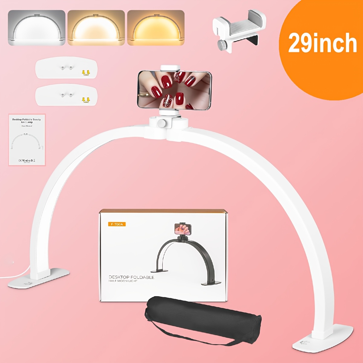 TEMU 29" Half Moon Nail Desk Lamp With Phone Holder, 3 Color & Remote Control, 10 Brightness Levels For Nails, Eyelashes, Tattoos & Crafts - White , Beauty Salons & Home Use, Nail Lamp