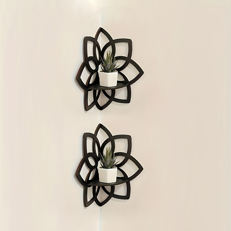E-shop [Mittelost] 2er-Set Schickes Eckregal aus Holz mit Mandala-Blumenmuster - Multifunktionaler Wand-Pflanzen- und Kristall-Display-Ständer, ohne