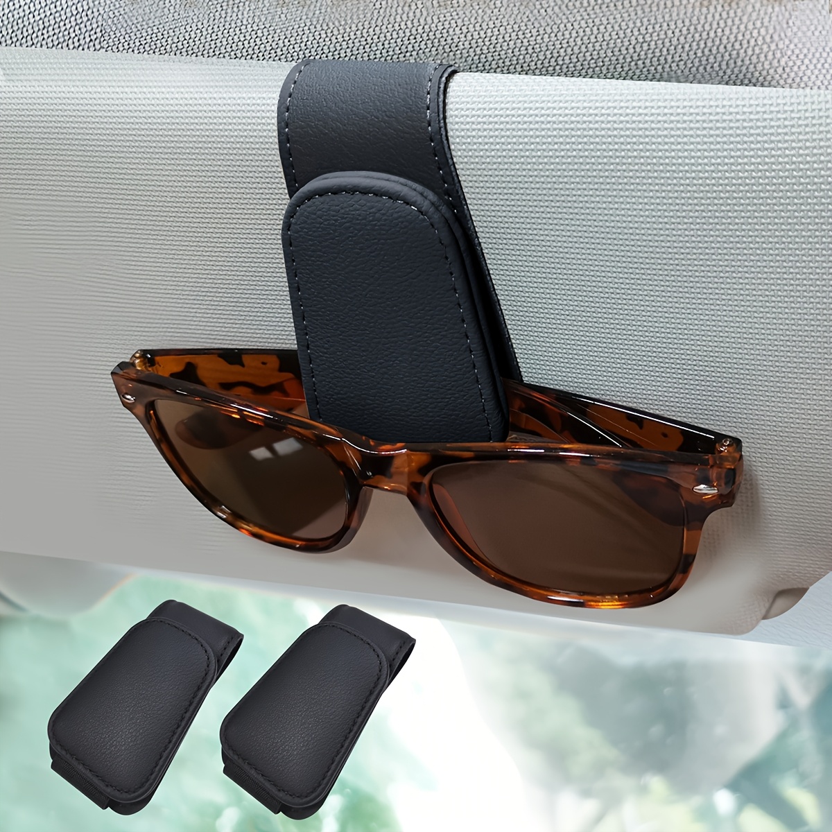 TEMU 2pcs Convenient Glasses Hanger, Installed With A Magnetic Clip, Fashion Glasses Holder For Car Sun Visor, Artificial Glasses Hanger Clip With Ticket Card Holder