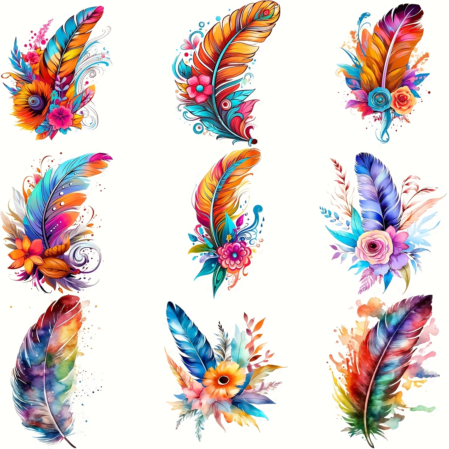 

9pcs Vibrant Watercolor Floral & Feather Iron-on Transfer Patches - Vinyl Decals For T-shirts, Hoodies, Bags | Customization Accessories