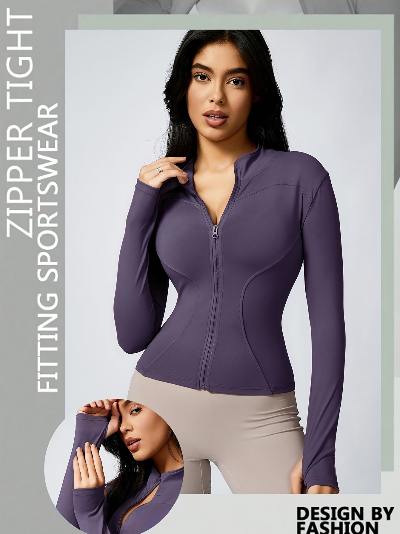 High-Elasticity Slim-Fit Yoga Top - Stand Collar Zipper Front Long Sleeve Workout Shirt, Peach Solid Color Non-See-Through Fabric for Yoga, Gym & Casual Wear, Machine Washable, Formfitting Design, Highelasticity Material