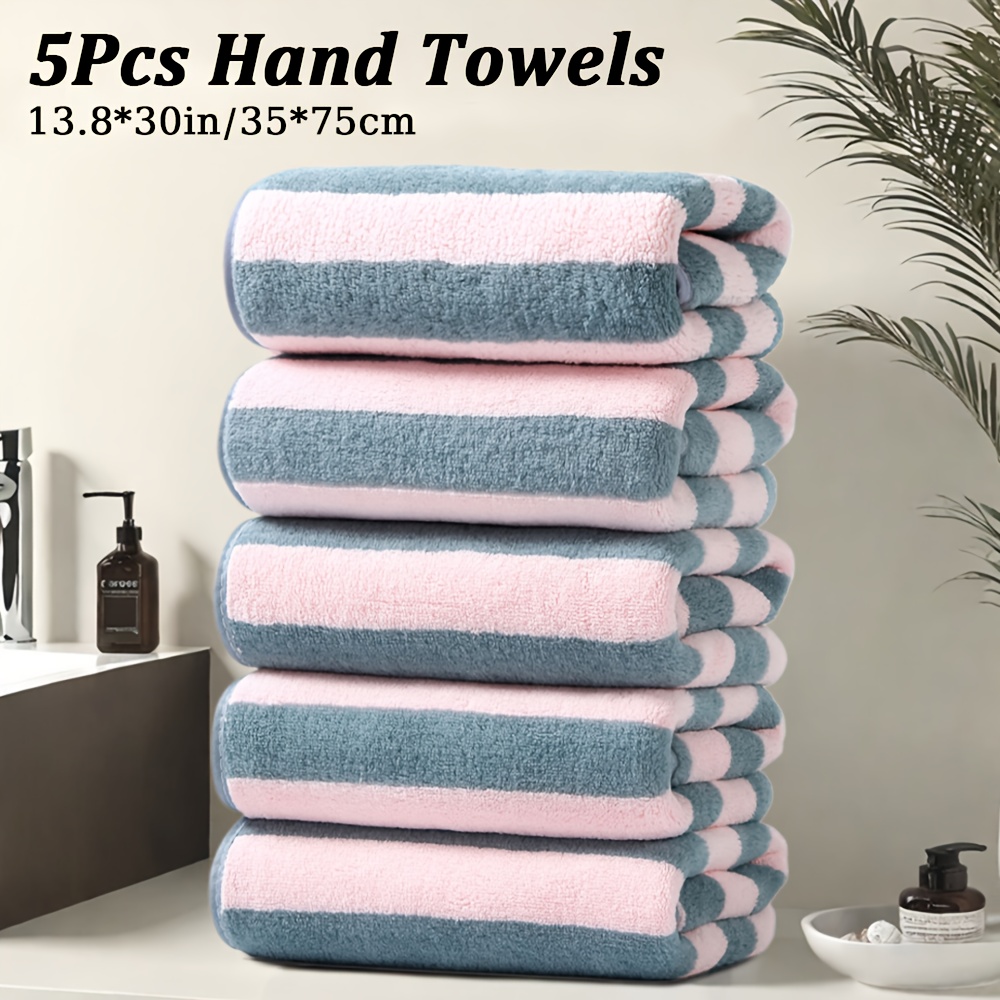 5pcs Hand Towels Set 13.8*30in/35*75cm, Stripe Pattern Microfiber Material, 300gsm, Absorption Soft And Comfortable, Multiple Uses, Suitable For Bathroom, Fitness, Shower, Optional
