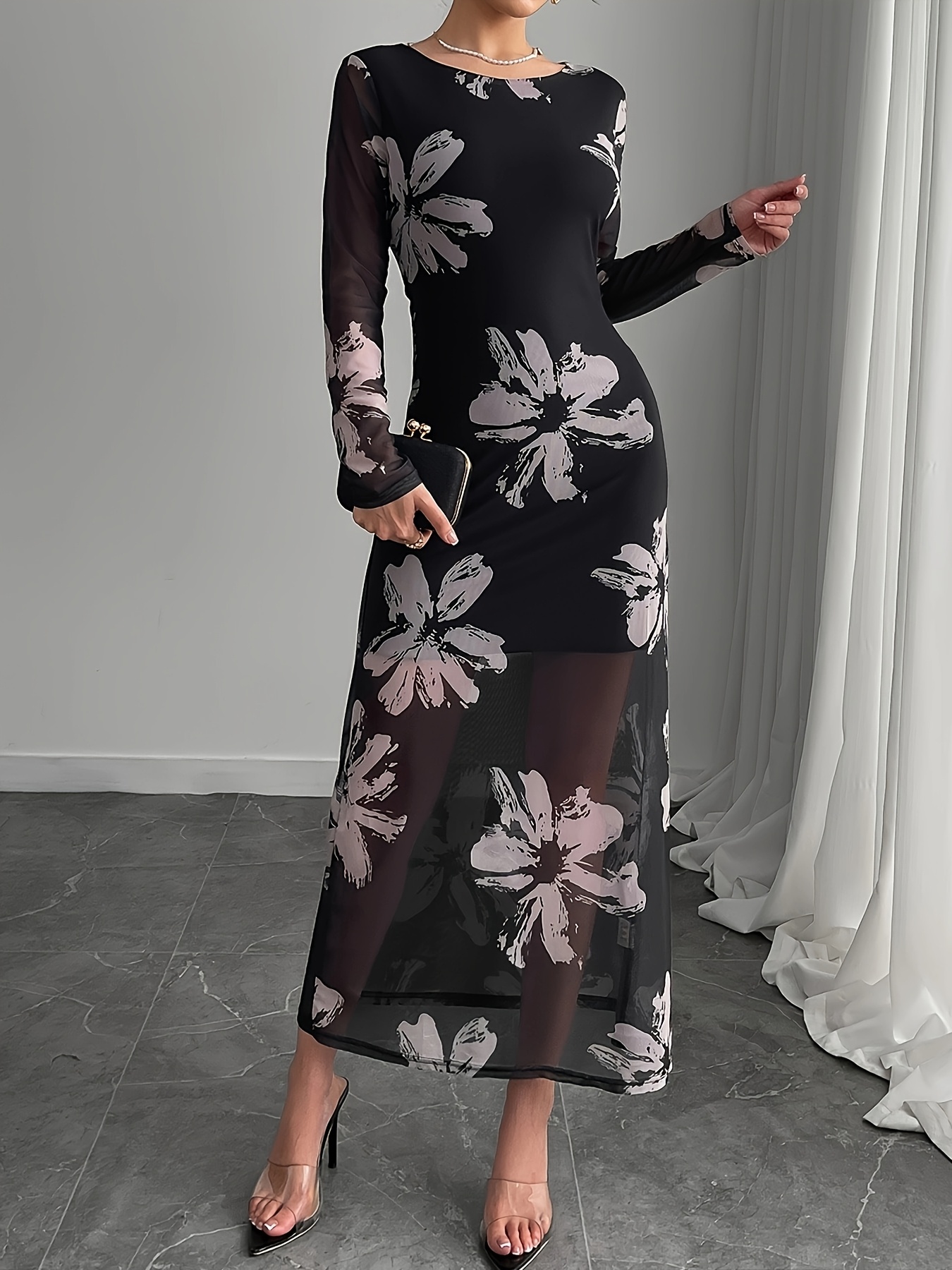 1pc elegant floral print maxi dress women polyester knit - Temu