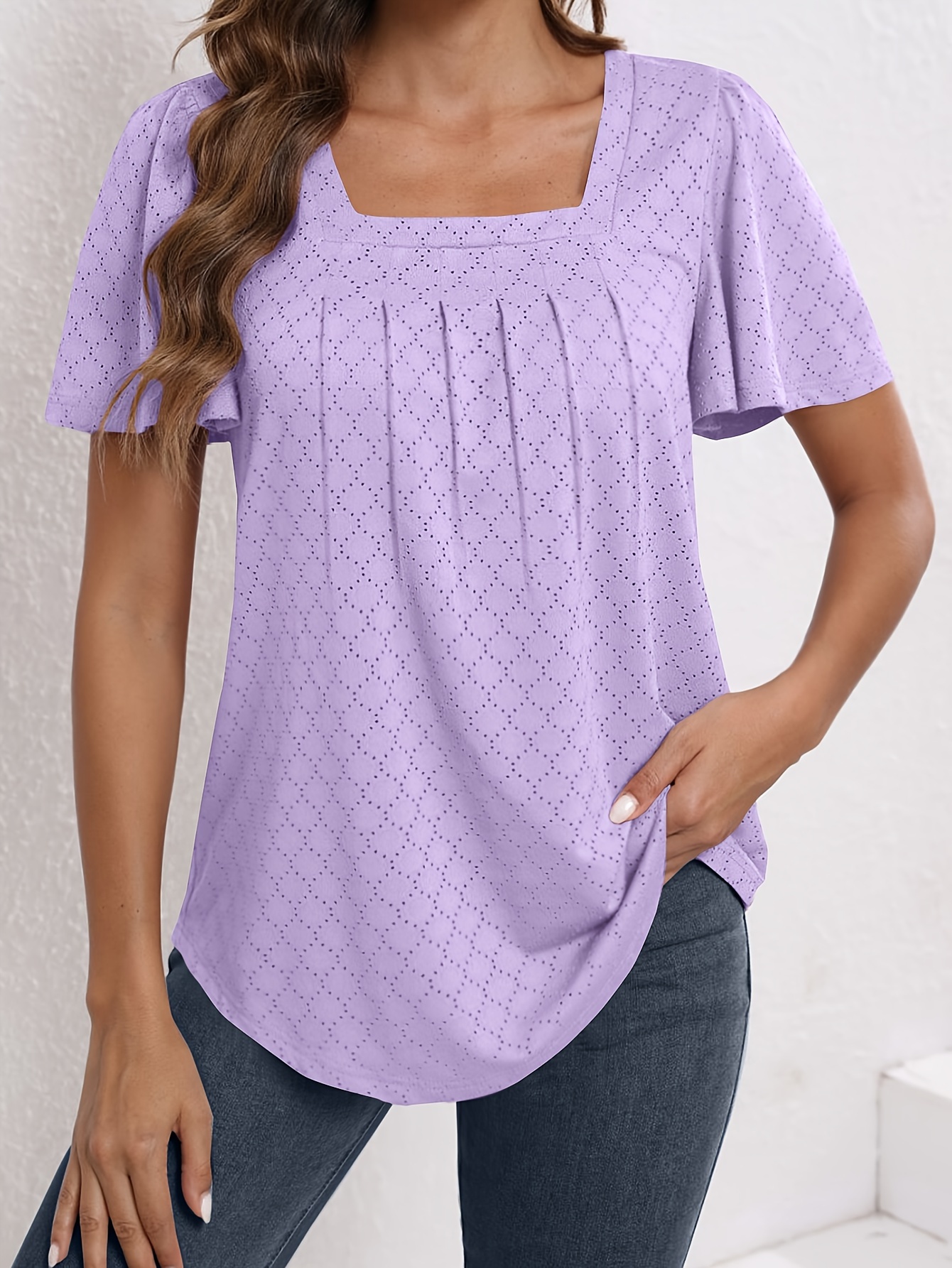 Plus Size Women'S Square Neck Ruffle Sleeve Top - Breathable Eyelet Cut-Out Fabric, Unique Chest Pleat Design, Elegant Fashion for Spring Summer Fall, Formal & Casual Wear, Casual Wear Top | Pleated Detail Top | Stretchy Fabric Top, Ladies T Shirts