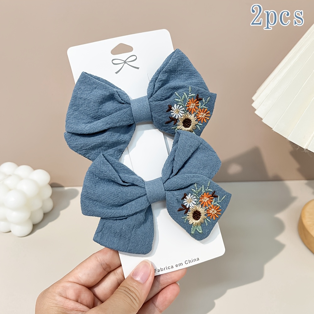TEMU 2pcs Elegant Denim Fabric Bow Hair Clips Delicate Floral Embroidery Hair Accessories Back-to-school Hair Barrettes Non-slip Grip Hair Jaw Clip