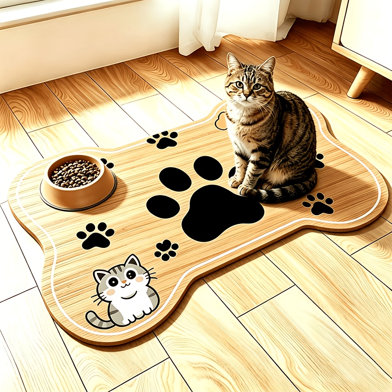 TEMU Kitten And Puppy Double Cartoon Printed Pet Feeding Mat - Bone Shape, Wood Grain Non-slip And Moisture-proof, Easy To Clean, Suitable For Cats