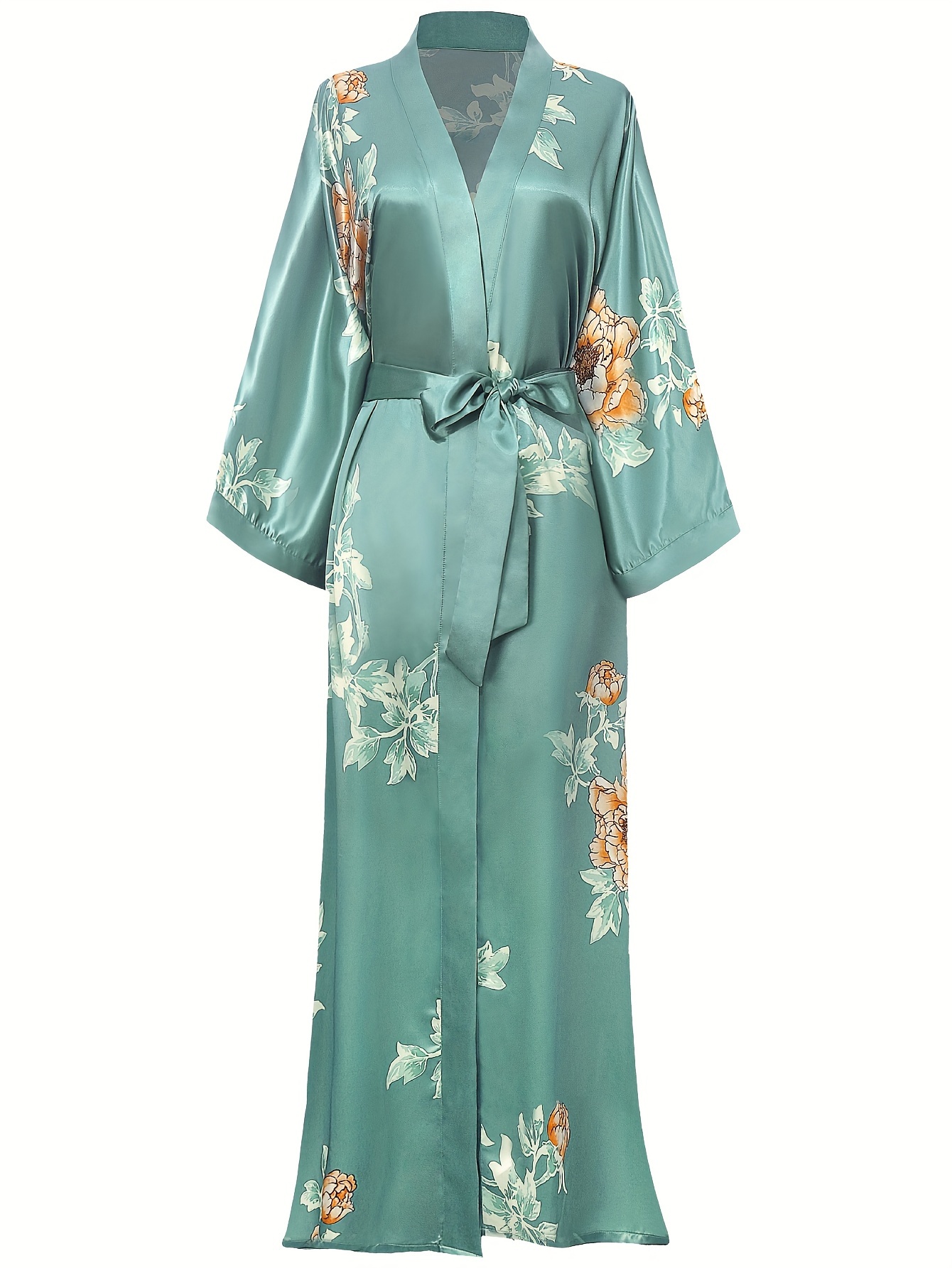 elegant floral kimono robe satin silky wedding nightgown 53 long with belt v neck pink floral print polyester hand wash only womens sleepwear loungewear satin night dress