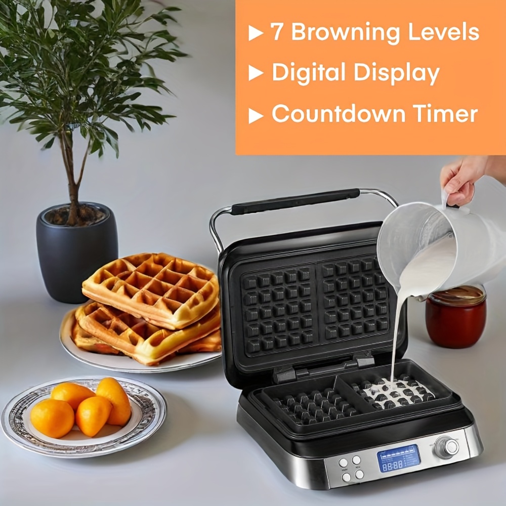 1600W Heavy-Duty Stainless Steel Double Waffle Maker with 5 Programs, 7 Browning Levels, Digital Display & Countdown Timer - Extra Thick Belgian Waffles, Overflow Groove & Anti-Scald Housing, 304 Stainless Steel Construction, 220-240V with UK Plug, Family-Sized Capacity for Home & Commercial Use, Breakfast Appliance, Professional Waffle Iron, Sleek Kitchen Tool, Modern Breakfast Maker, Highquality Waffle Iron, Durable Waffle Machine, Waffle Maker Electric Nonstick, Waffle Maker