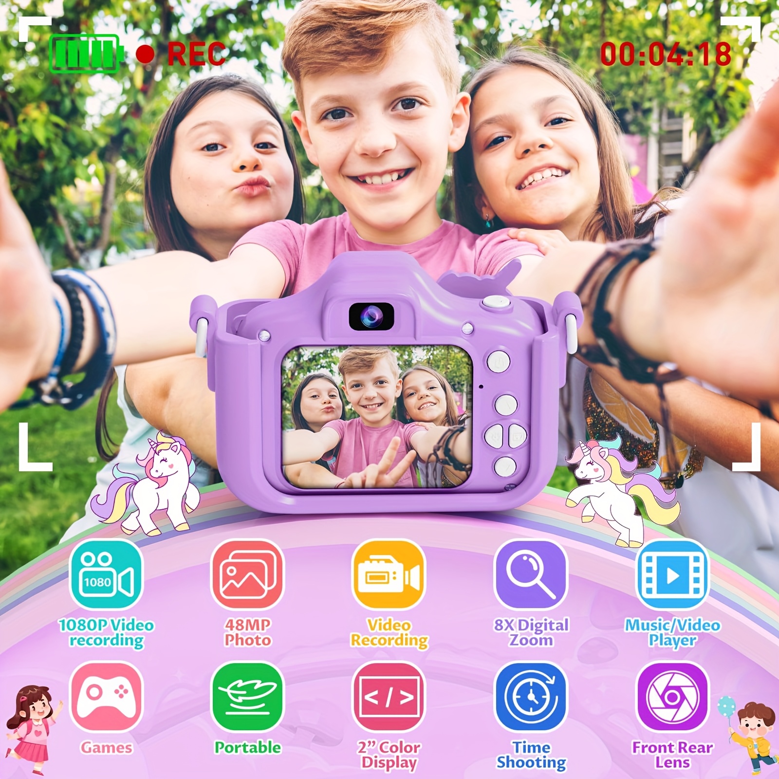 Kids Camera with 1080P HD Video, 48MP, 5 Games, USB Rechargeable Battery, 2