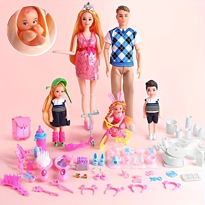 

Ucanaan Family Dolls Set Of 6 People With Dad Pregnant Mom And Baby Boy In Tummy And 70 Pcs Accessories For Education And Birthday Day Gift