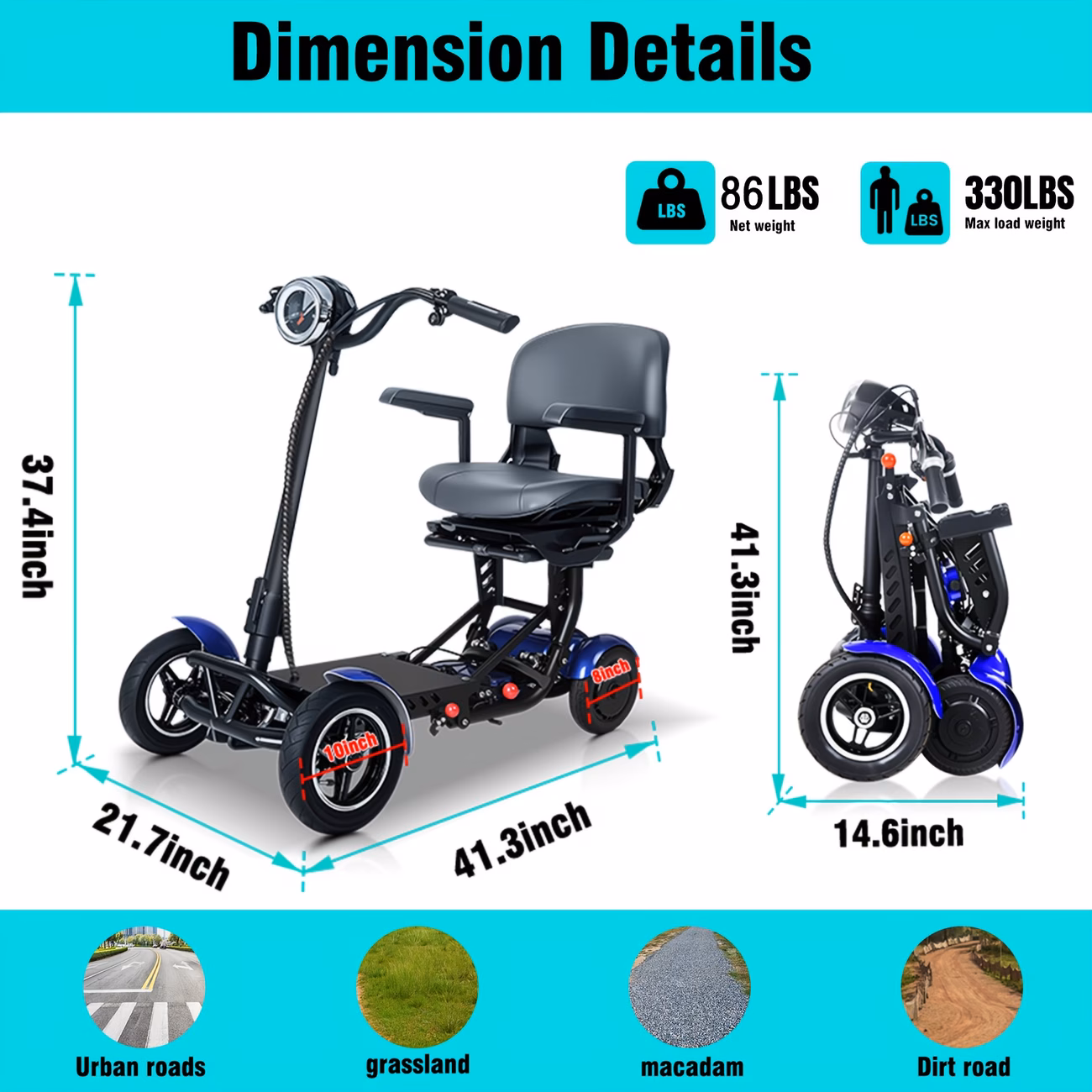 electric folding scooter 500w 11mph 36v15.6ah range 330lbs load capacity mobility scooter with basket Product details 3