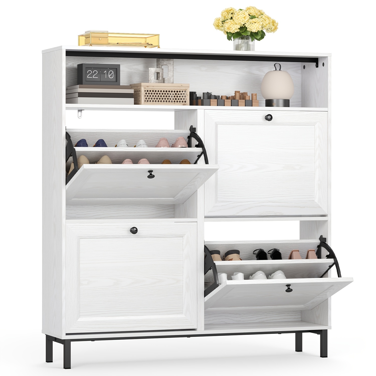 Shoe Cabinet, 4 Flaps Shoe Cabinet With Open Storage Space, For 16-24 Pairs Of Shoes, 100x24x108cm, Closed Shoe Cabinet Hallway Cabinet For Hallway