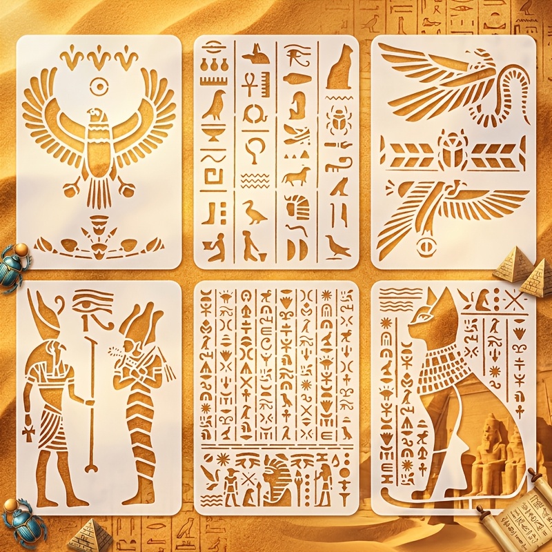 6 - Piece Ancient Egyptian Symbol Stencils Set For Painting, Diy Art, Wall Decor, Craft Projects, Reusable, Decorative Egyptian Hieroglyphics & Ornament Stencils