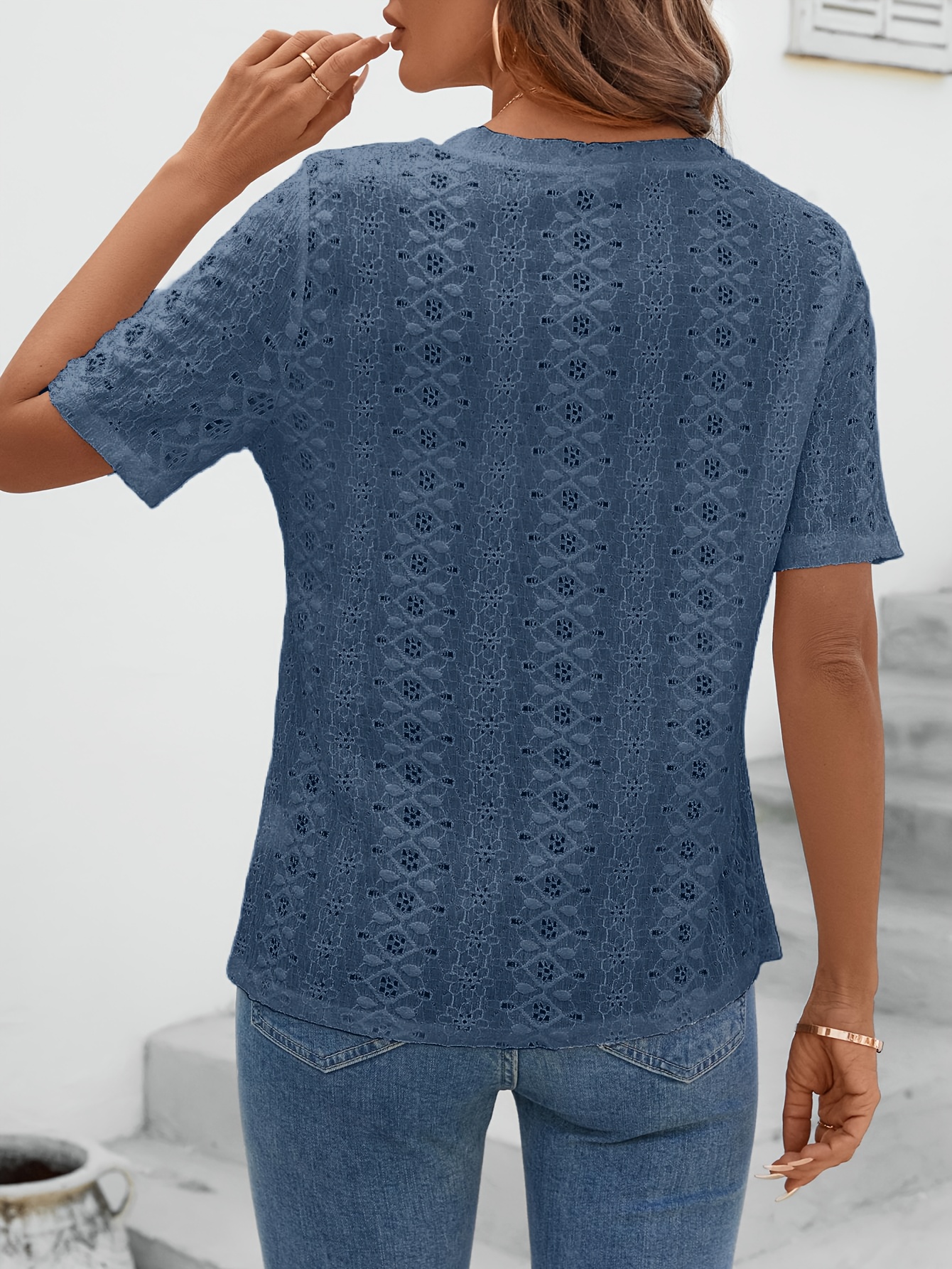 Eyelet Embroidered Crew Neck T-shirt, Casual Short Sleeve Top For Spring & Summer, Women's Clothing