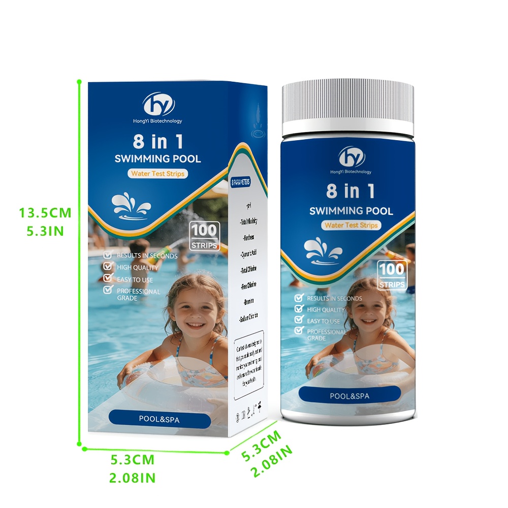 Testni trakovi za bazen, 100-kosovni paket, 8-v-1 za pitno vodo, ribnike, toplice: Testi za pH, skupno alkalnost, trdoto, cianurno kislino,