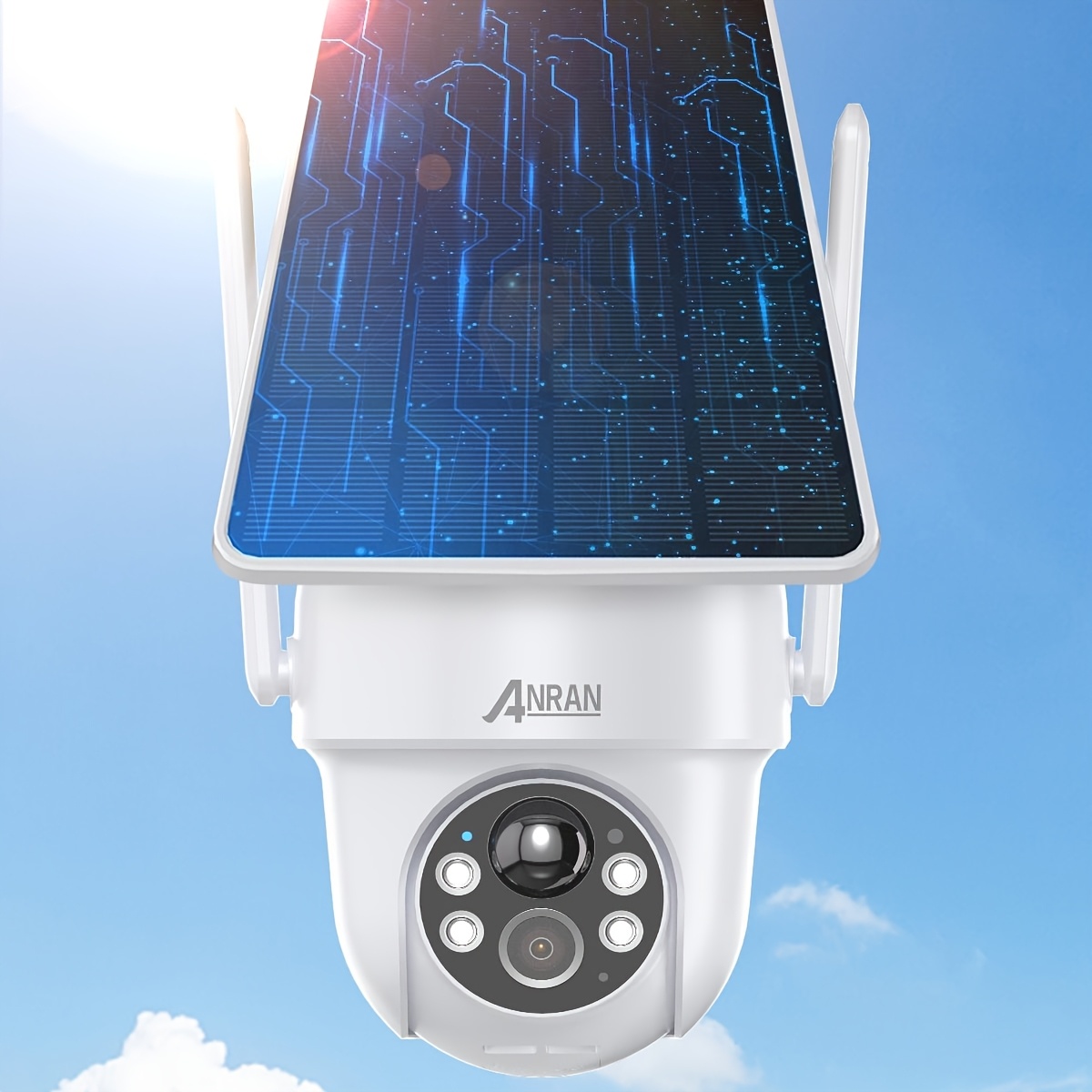 Cámaras Inalámbricas para Exteriores de ANRAN con Energía Solar, Resolución de 3MP para Detalles, Foco para Visión Nocturna, Incorporación Eficiente del Panel Solar, Tecnología de Detección Humana PIR, Control PTZ de Giro de 355° y Inclinación de 90°, Diálogo de Audio Bidireccional