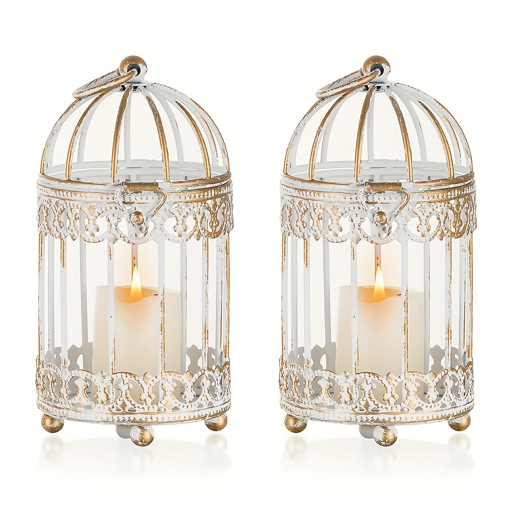 Image of 2pcs Tea Light Candle Holders: 6 Inch H Distressed Cage Lantern Centerpiece Hanging Metal Birdcage Tealight Votive Holder For Home Fireplace Dining Table Living Room Decoration