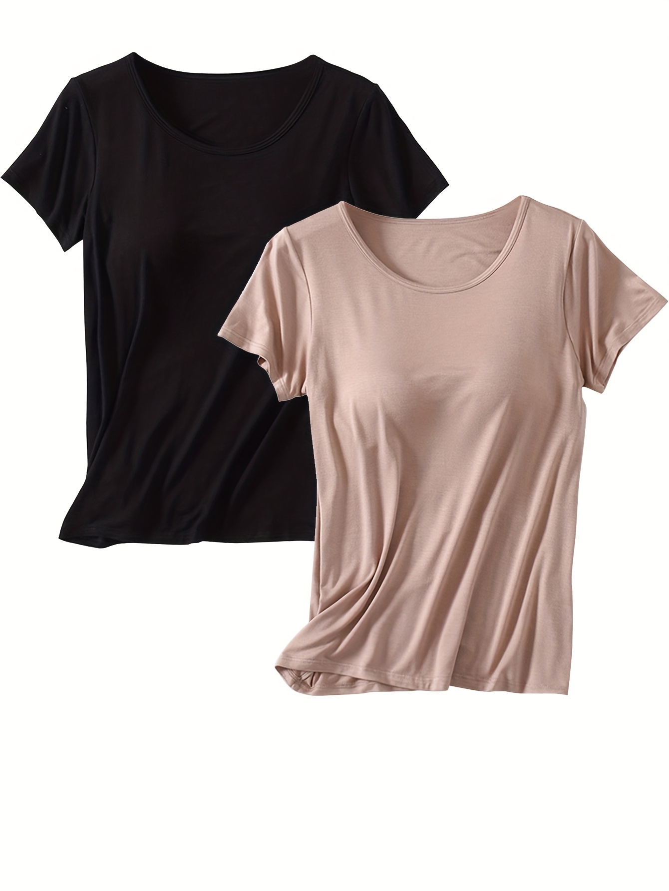 Womens T-Shirts With Built In Shelf Bra Short Sleeve Model Solid Casual Padded Bra Yoga Tank Top Tee (1bs,S