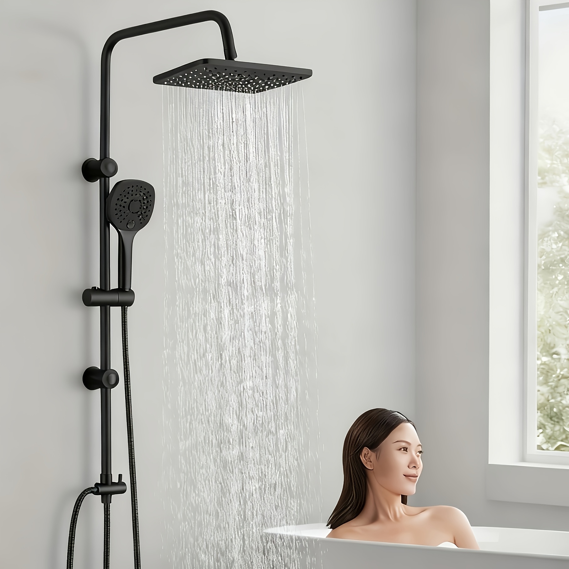TEMU Rain Shower Shower System Without Tap Chrome Shower Tap Complete Set Shower Bar With Shower Head With Hose And Holder 3 Jet Types, 19x29cm