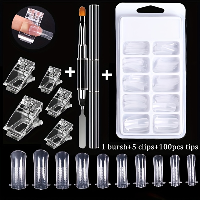 TEMU Acrylic Nail Tips Set For Quick Building, Clear Artificial Fake Nails Kit With Black Dual-ended Polygel Brush And Picker Nail Clips, Diy Manicure Tools Set