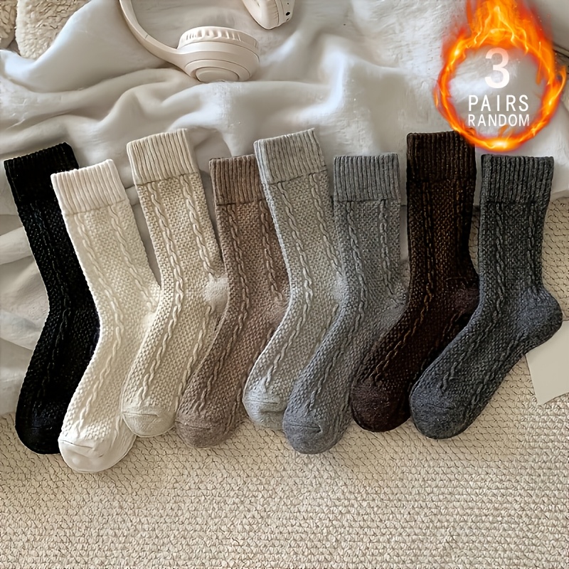 TEMU 3-pairs Random Winter Style Japanese All-match Solid Color Relief Jacquard Thick Warm Long Socks