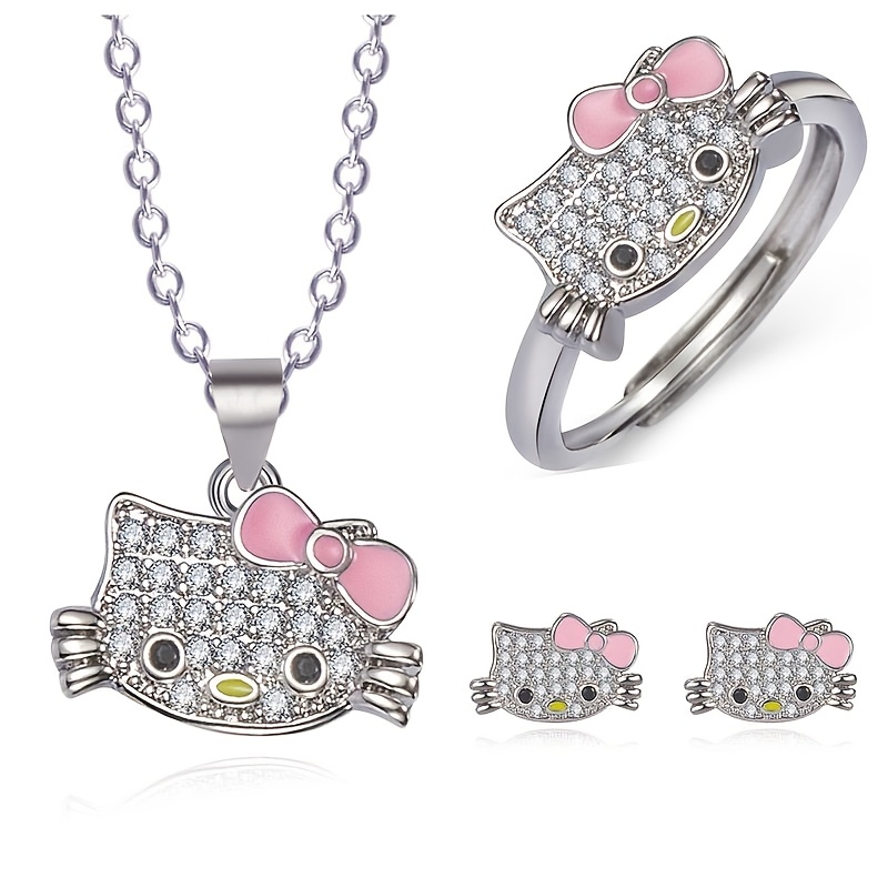 

Sanrio 3pcs Cute Cartoon Jewelry Set, Alloy With Mosaic, Uv Plated, Stainless Steel Ear , Necklace And Ring, Gift And Party - All Compatible