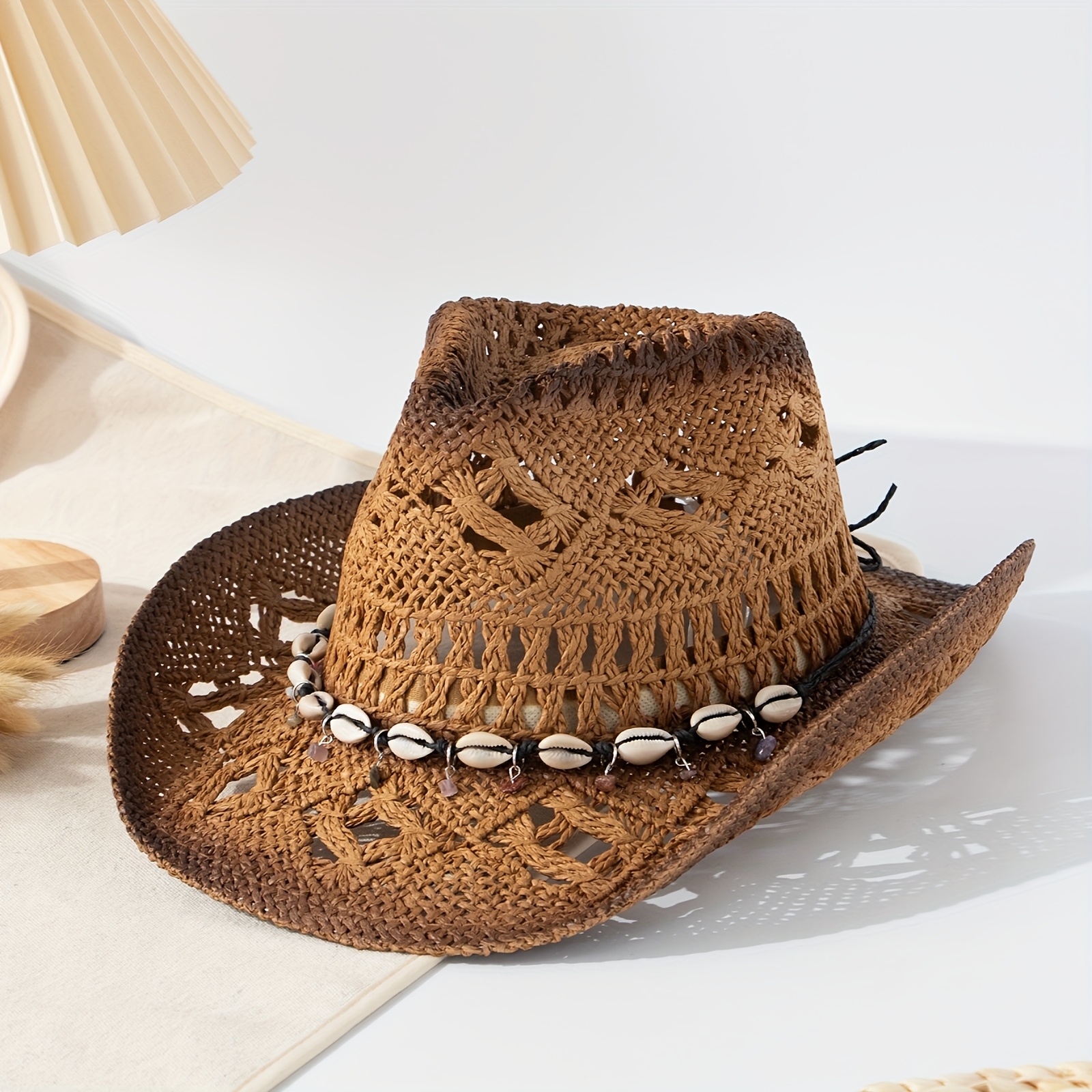 TEMU Ocean Shell Beaded Pendant Hollow Wide Brim Straw Hat Summer Holiday Outing Sun Hat Sun Hat