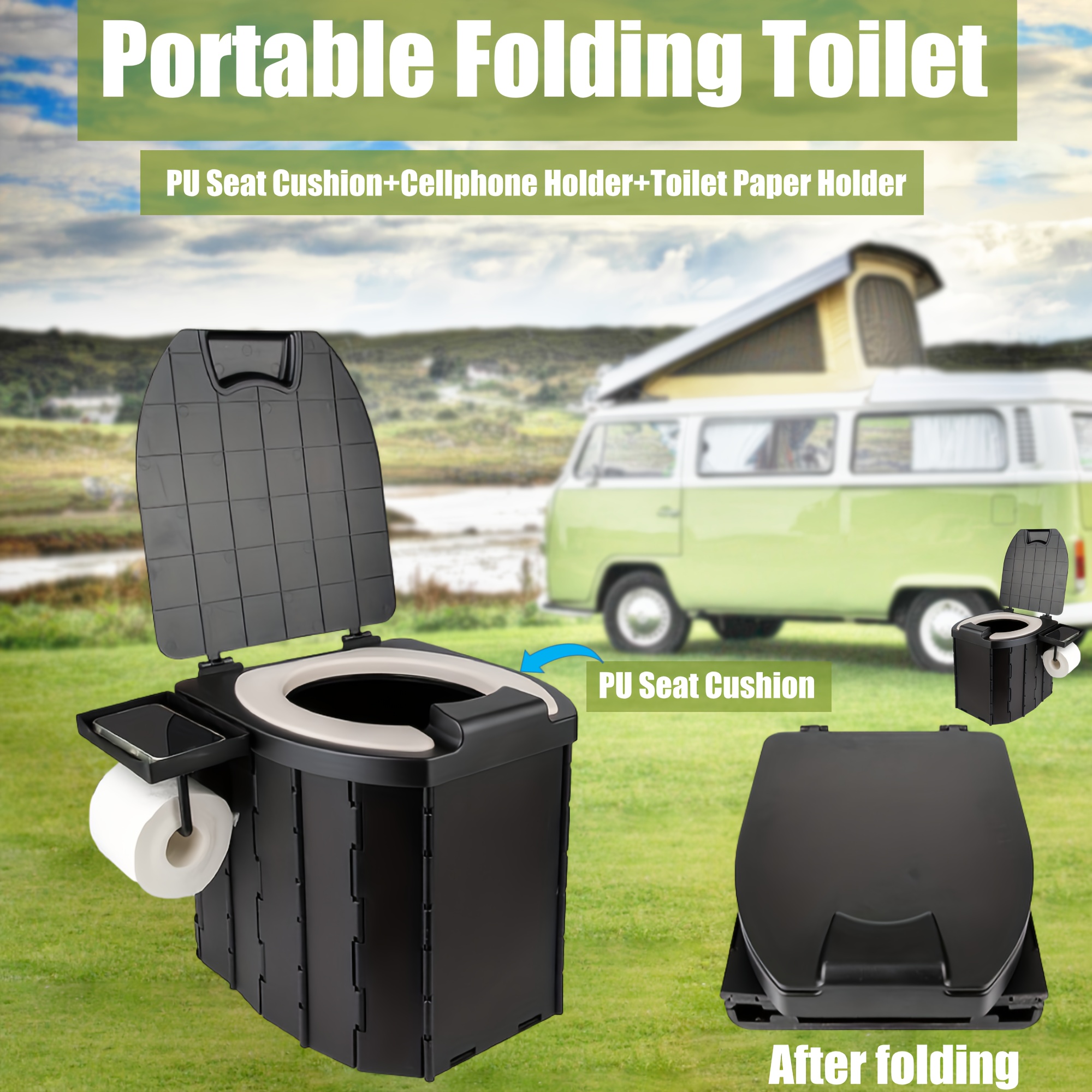 

Portable Folding Toilet With Pu Seat Cushion, Portable Toilet With Lid For Rv,car, Camping, Hiking, Travelling