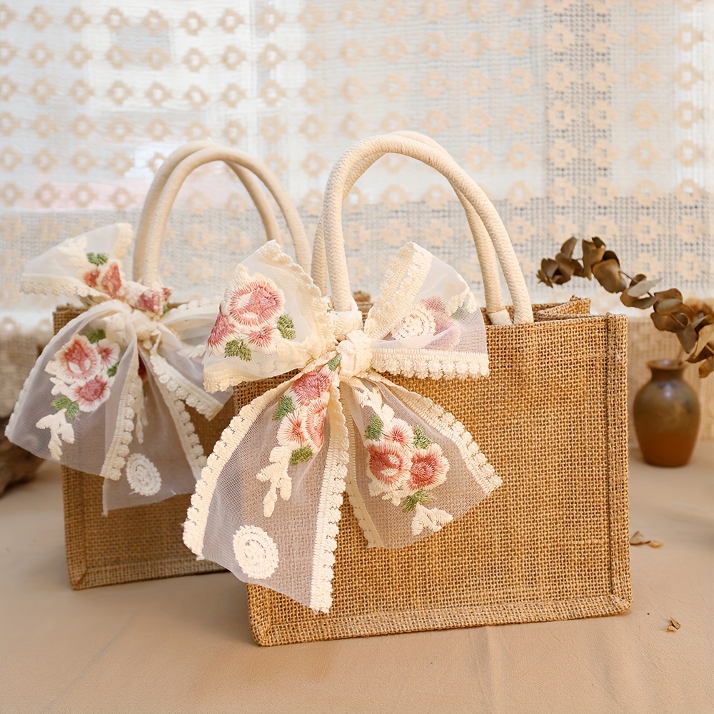 

2-piece Set Burlap Tote Bags With Lace Ribbon - Perfect For Weddings, Engagements, Anniversaries & Bridesmaid Gifts Wedding Accessories Bride Accessories