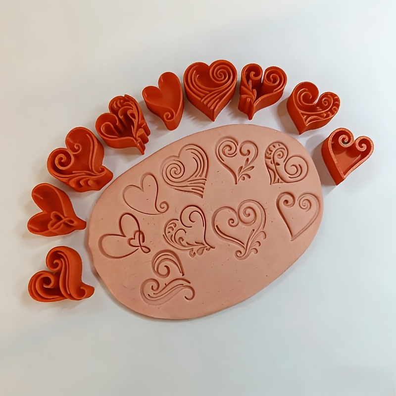 Image of 9pcs Heart-shaped Stamp Mold Set, Swirl Pattern Embosser, Cutter, Diy Tools Suitable For Valentine's Day, Weddings, Decorating, And Clay Crafts