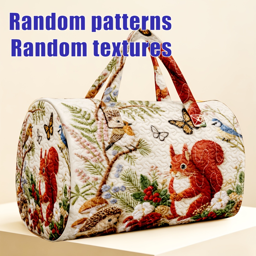 TEMU 1pc Forest Animal Squirrel Bird Hedgehog Pattern Quilted Cylinder Travel Handbag, Forest Wildlife Tale Style, Suitable For And Love Forest