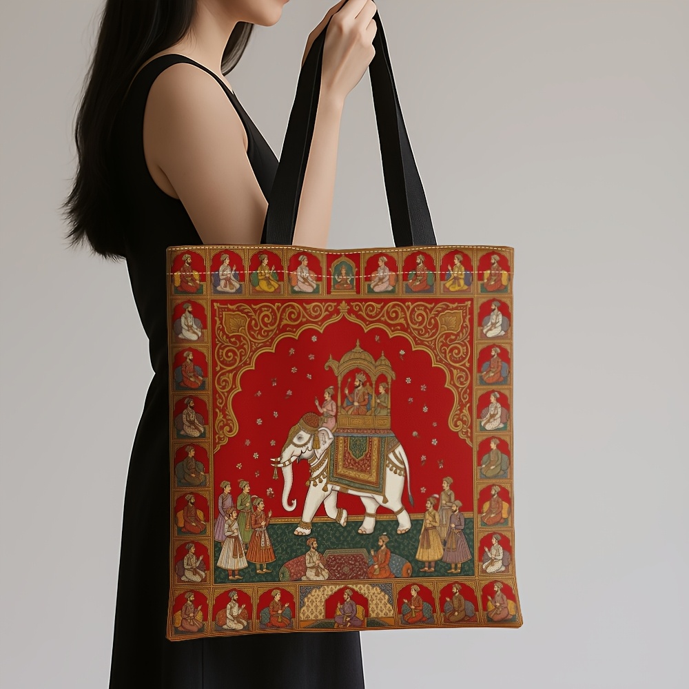 TEMU 1pc Traditional Indian Ethnic Tote Bag - Vintage Suitable For Shopping & Commuting, Large-capacity Reusable Bag With Shoulder Straps, Machine