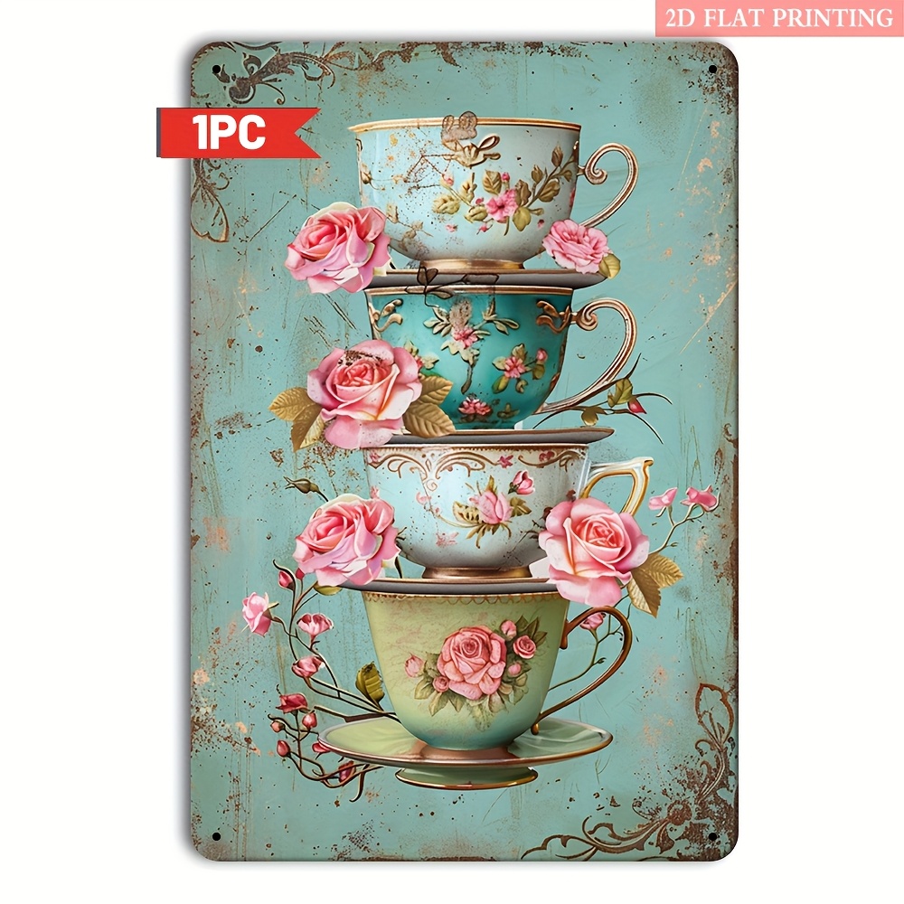 TEMU 2d Flat, 2d Flat 1pc, Party Aesthetics Retro Wall Decor - Teacups 2d Printed Metal - 20.32x30.48 Cm Suitable For Restaurants, Dessert Shops,