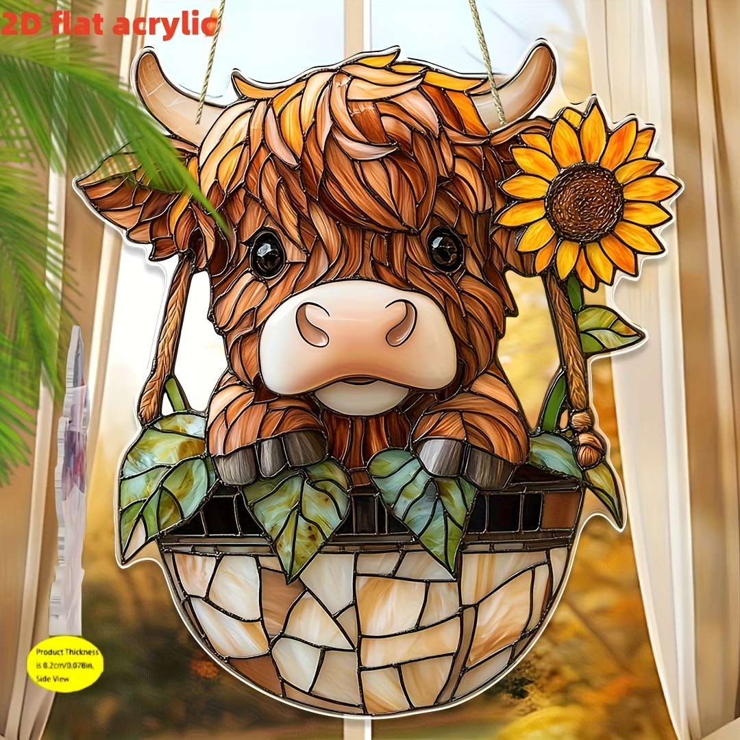 TEMU 2d Flat, 2d Plane, 1pc, Acrylic Highland Cow With Sunflowers Farmhouse Decoration, Suitable For Living Room, Garden, Porch, And Home Office -