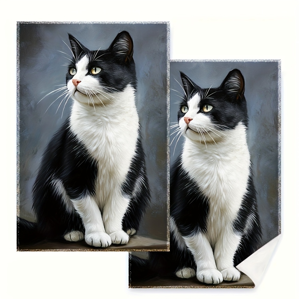 TEMU 2pcs Black And White Tuxedo Cat Kitchen Towels, 40x60cm, Absorbent Decorative Dishcloths For Cooking, Baking, Job Gift - Polyester, Machine