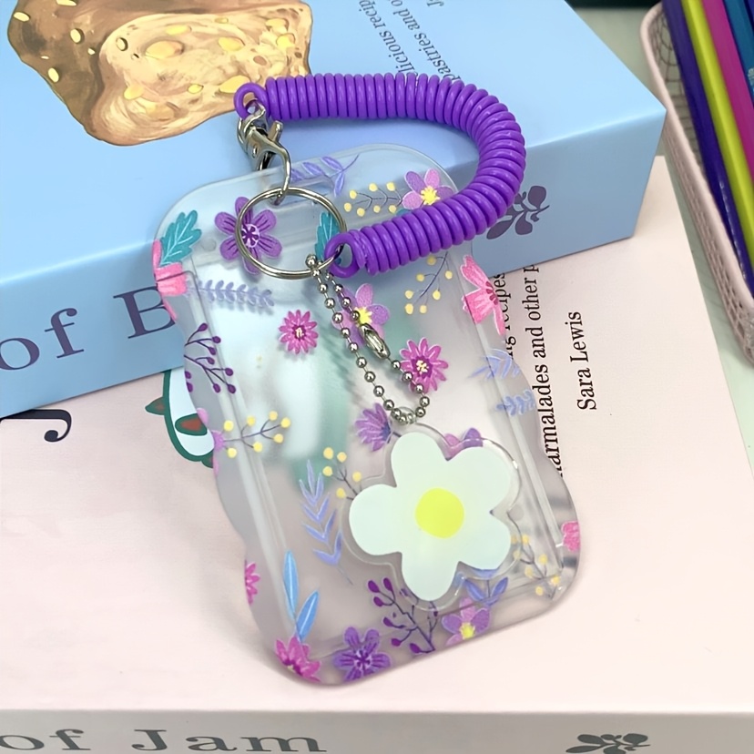 TEMU Porte-cartes transparent avec bordure ondulée semi-, motif floral violet, cordon à ressort rétractable violet avec étui pour badge