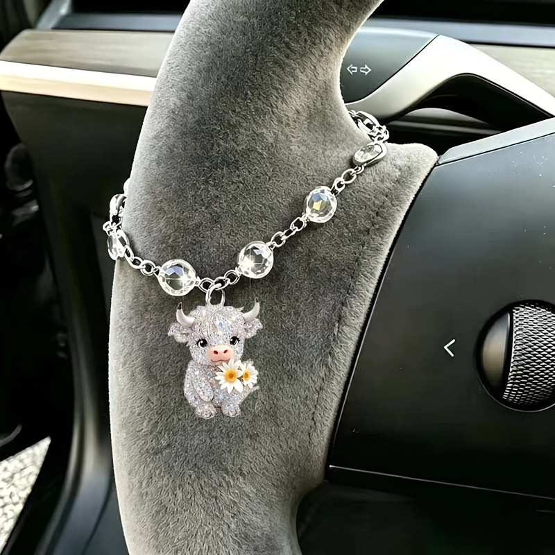 TEMU 1pc, Cute Cow Design Car Pendant, Car Steering Wheel Decoration, Car Hanging Ornament, Fashionable, Exquisite And Elegant, Interior Decoration,