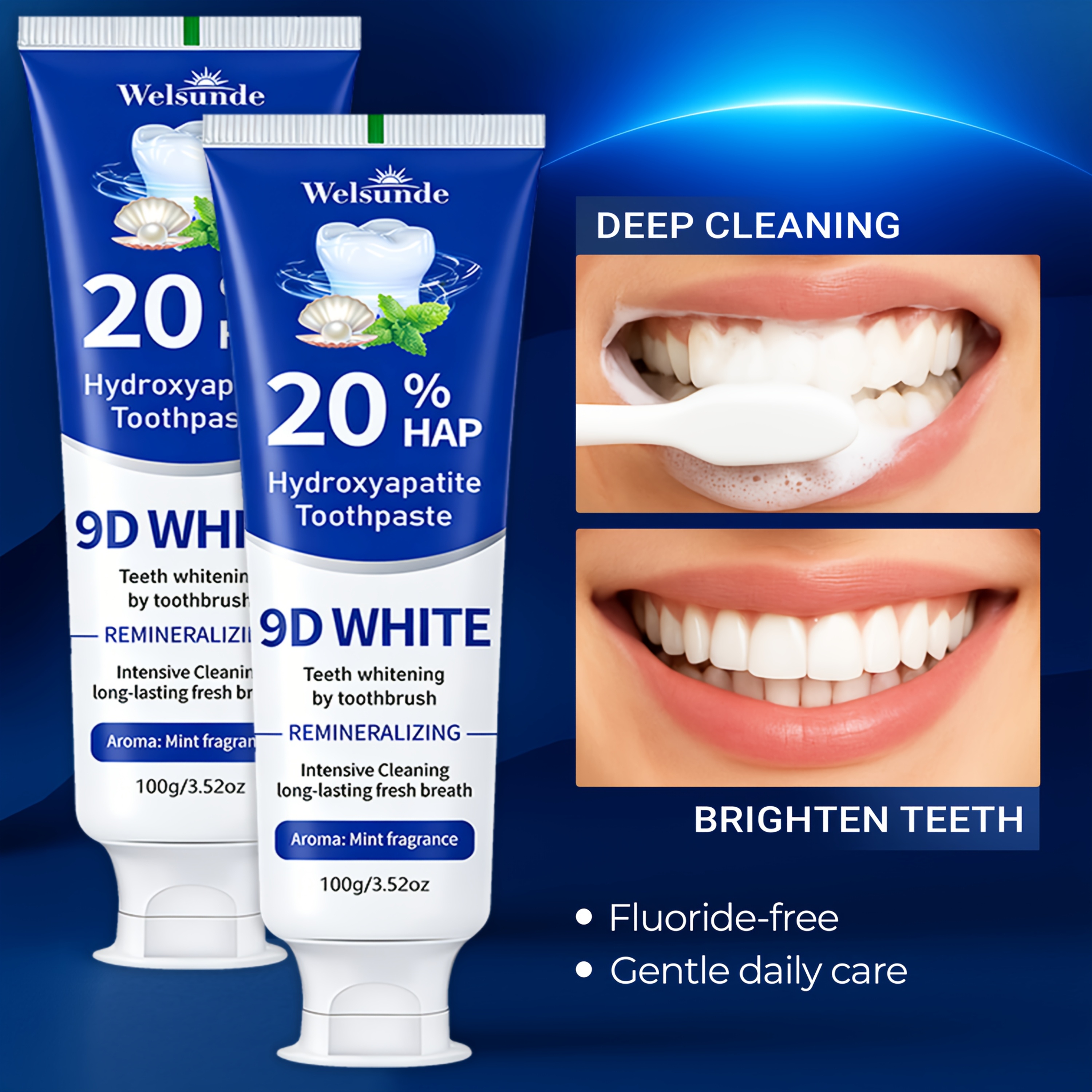 2pcs 20% Hydroxyapatite Toothpaste, Deep Cleaning, Teeth By Brushing, Breath Freshener, For Sensitive Gums & Remineralizing Toothpaste, Mint Flavor, Gum Health, Daily & Travel Use Oral Care Gift