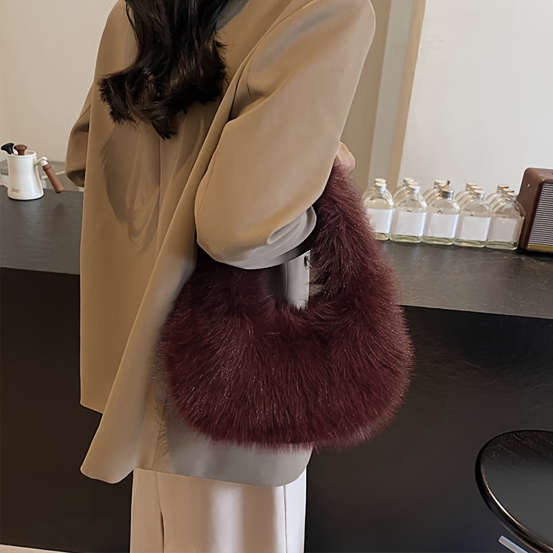 TEMU Autumn And Winter Plush Shoulder Handbag Crescent Bag Fashionable Armpit Bag Cute Ladies Wallet