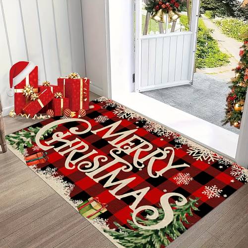 item picture 1pc of christmas doormat featuring a black and red checkered design with christmas tree snowflake and gift patterns this decorative mat is suitable for doorways outdoor areas entrances bedrooms living rooms kitchens