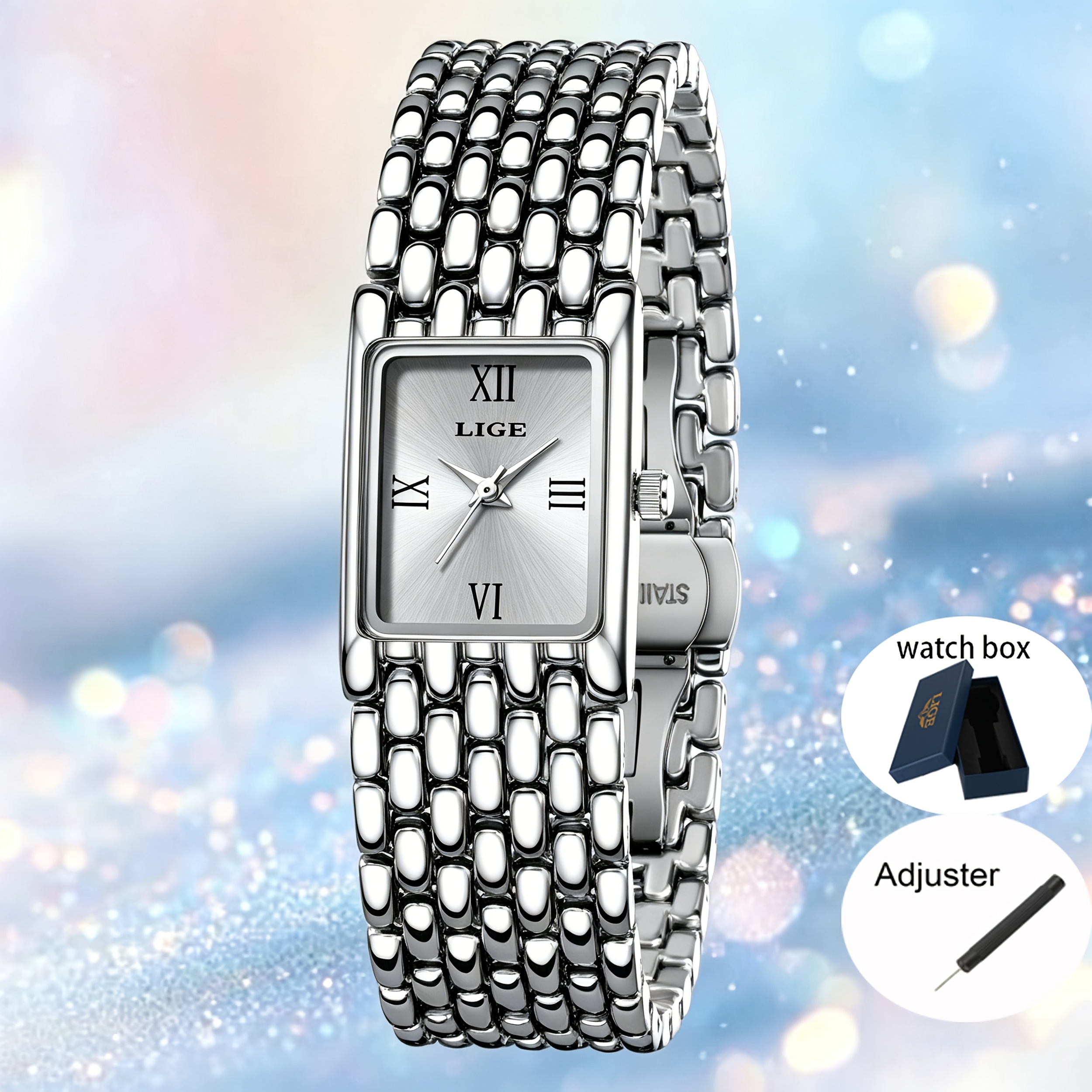 Image of Lige Ladies New Quartz Watch+watch Box+adjuster, Casual Square Dial Steel Band Women's Quartz Watch , Birthday Gift Suitable For Men And Women.