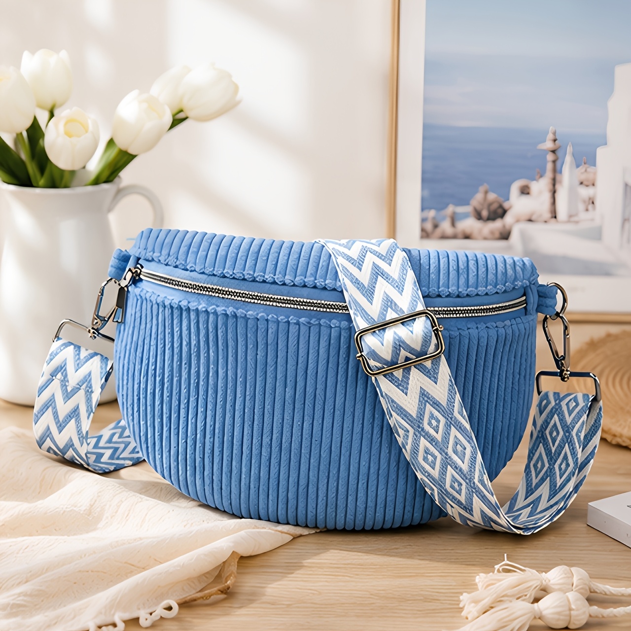 TEMU Retro Style Corduroy Crossbody Bag, Solid Easy Design Waist Pack, Women's Casual Chest Bag, Adjustable Shoulder Strap, Black. Coral Pink, Gray,