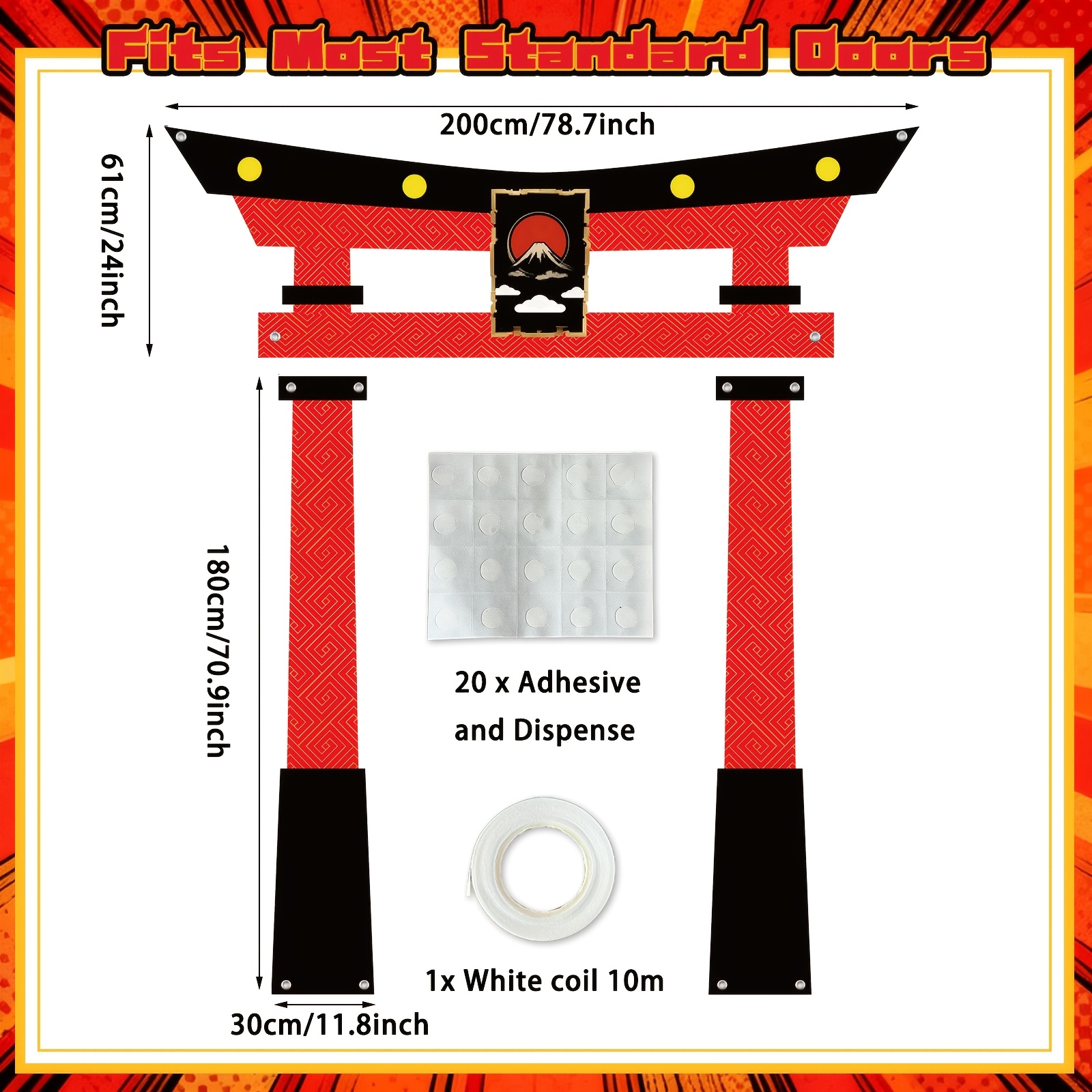 TEMU Bannière de porte 2D 3 pièces, porte Torii japonaise plate 2D, bannière de porte pour cabine photo de fête, décoration de porte de fond de pour