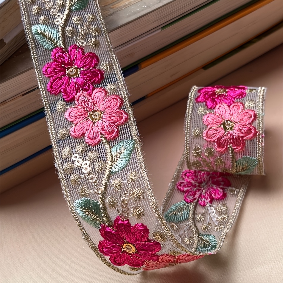 TEMU 1pc Of Organza Embroidered Lace Trim, Colorful Fabric Decorative Strip, Suitable For Clothing, Bags, Hats Sewing And Knitting Materials, Ethnic
