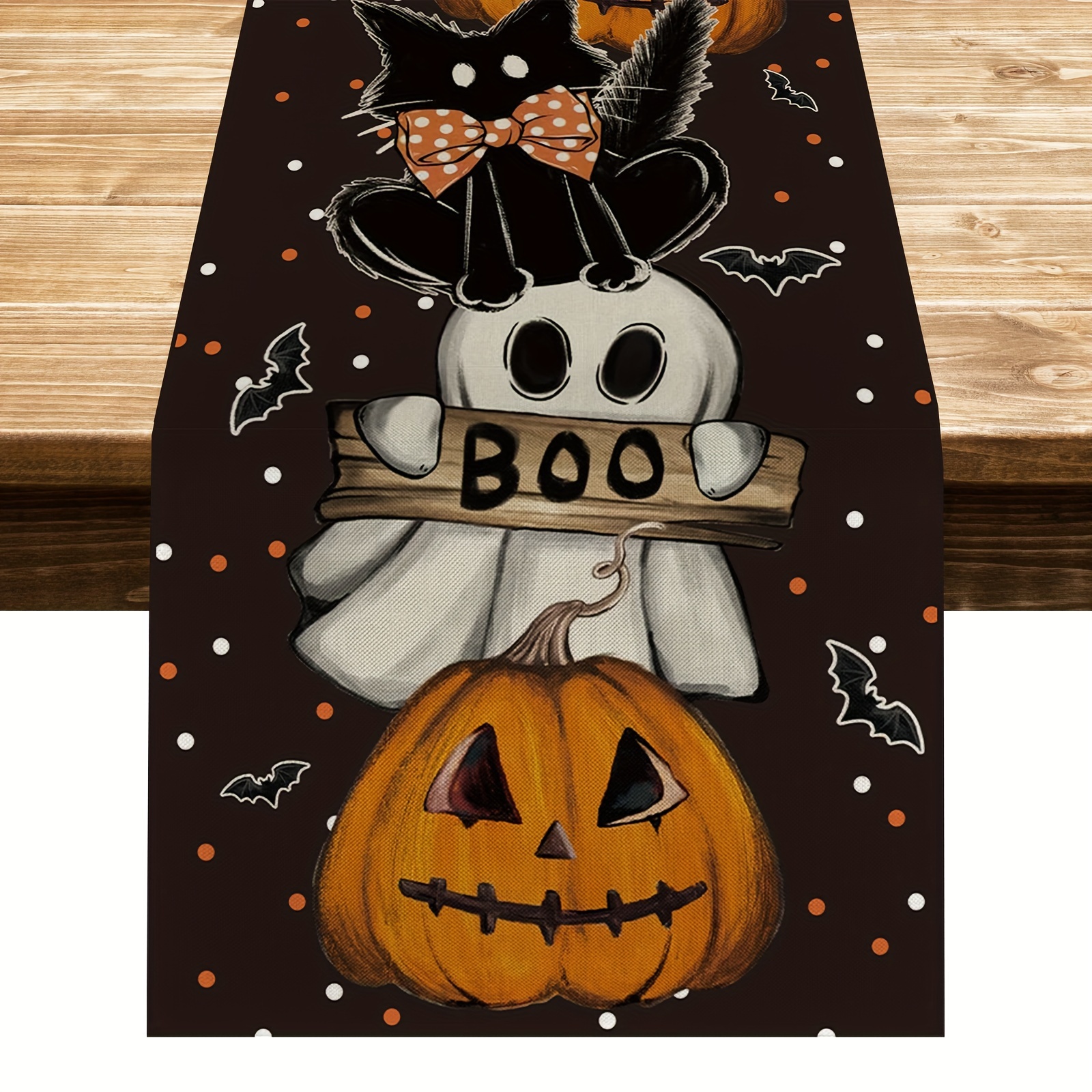 

1pc, Polka Dot Ghost Pumpkin Cat Table Runner, Bat Seasonal Fall Kitchen Dining Table Decoration For Home Party Decor 13x72 Inch