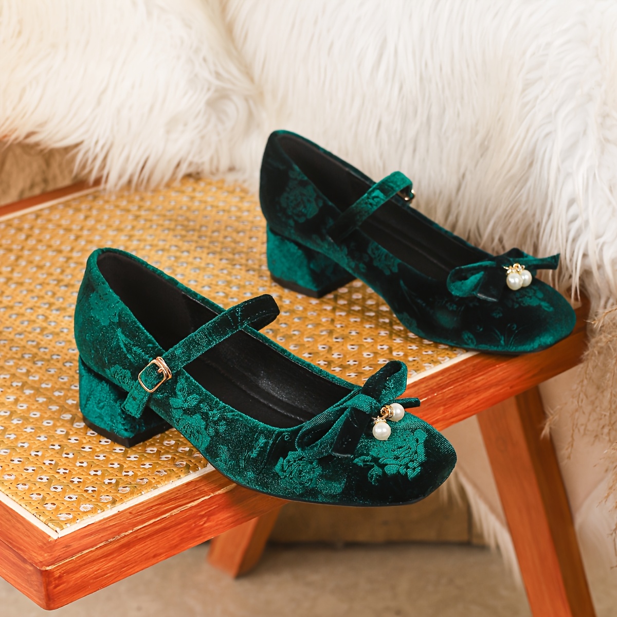 TEMU Elegant Women's Floral Flat Shoes, Fashion Thick Heel Square Toe With Flower Single Shoes For Women, Fashionable And Versatile, Suitable For