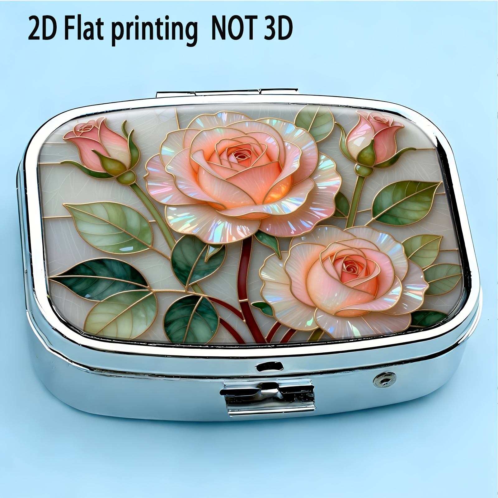 TEMU 1pc 2d Flat Printing Pill Box, Pink Rose Bouquet , Classical Oil Painting Floral Style, Portable/metal Material, Practical Gift, Exquisite And