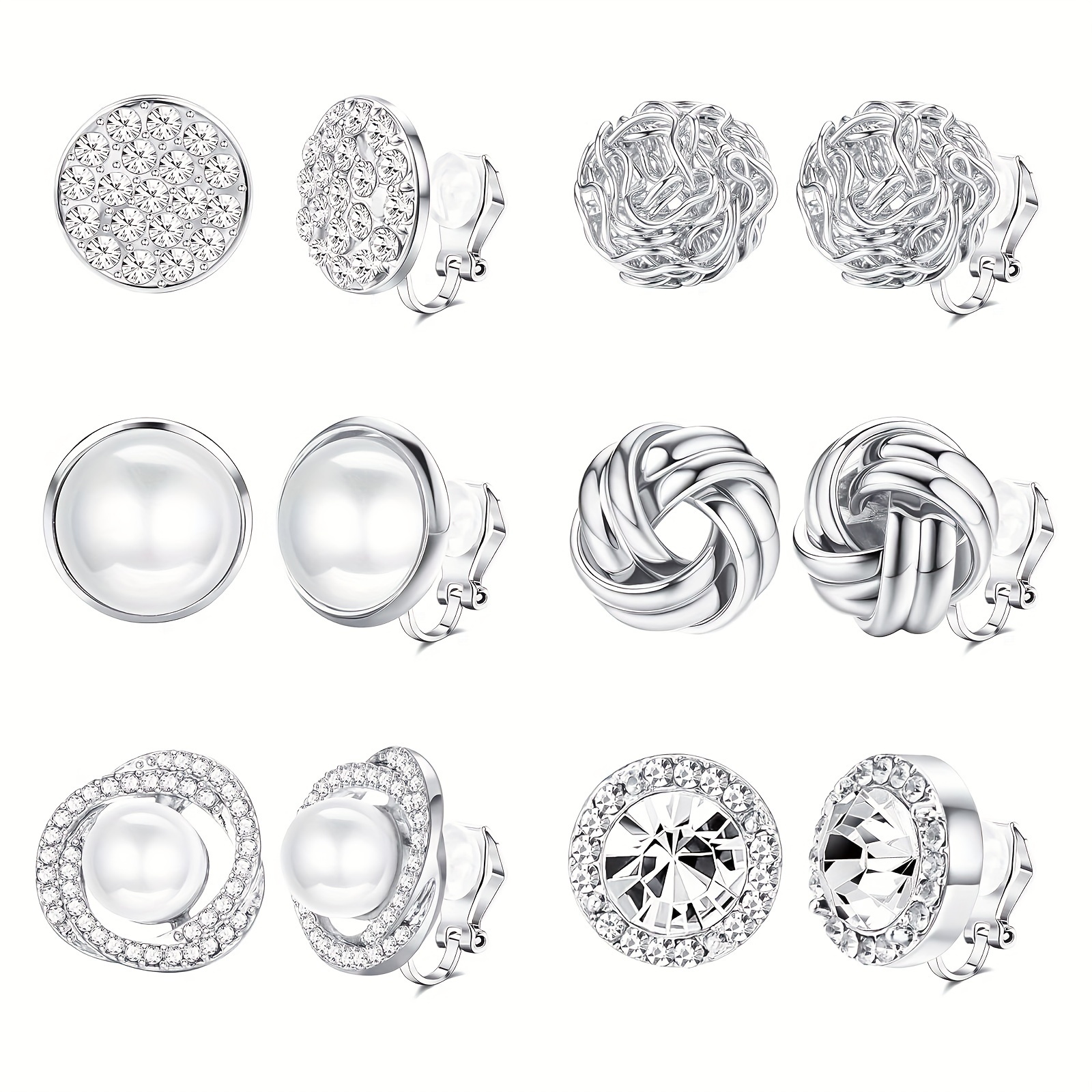 

6 Pairs Of Elegant Clip-on Earrings, Silvery-tone Faux Pearl & Zirconia Earrings, Non-pierced Ear Jewelry, Party Decor